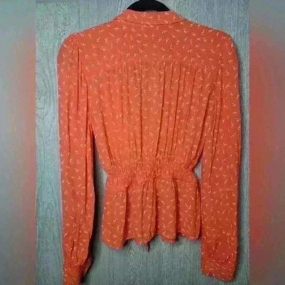 Free people orange and white long sleeve blouse with buttons and tie. - Picture 6 of 9